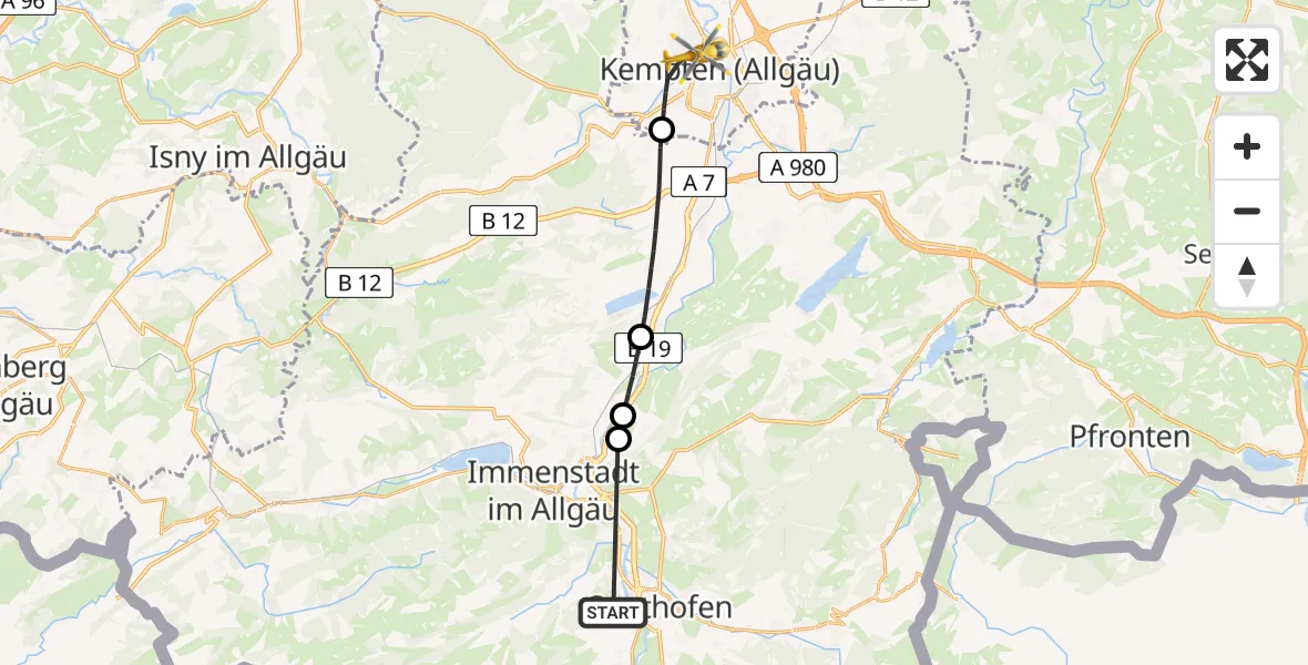 Flugroute Rettungshubschrauber Ofterschwang - Kempten (Allgäu), 27 August 2026, 10:28
