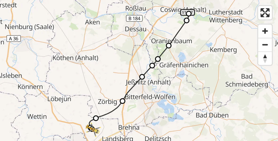 Flugroute Rettungshubschrauber MediClin Heart Center Coswig Hubschrauberlandeplatz - Halle-Oppin Flugplatz, 27 August 2026, 10:35