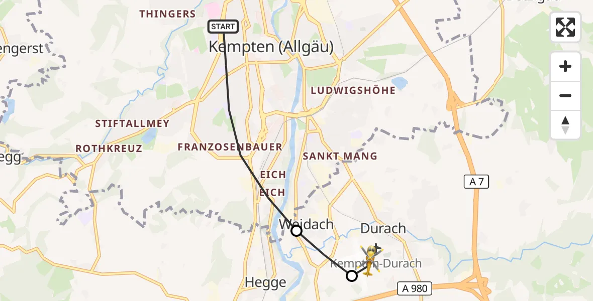 Flugroute Rettungshubschrauber Kempten (Allgäu) - Kempten-Durach Flugplatz, 27 August 2026, 10:47