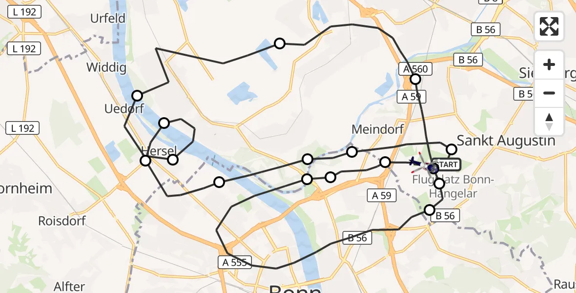Flugroute Polizeihubschrauber Bonn-Hangelar Flugplatz - Sankt Augustin, 27 August 2026, 10:49