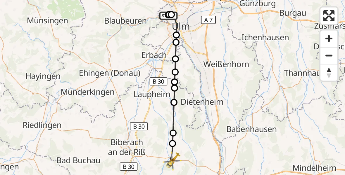 Flugroute Rettungshubschrauber Ulm Military Hospital Emergency - Ochsenhausen, 27 August 2026, 10:50
