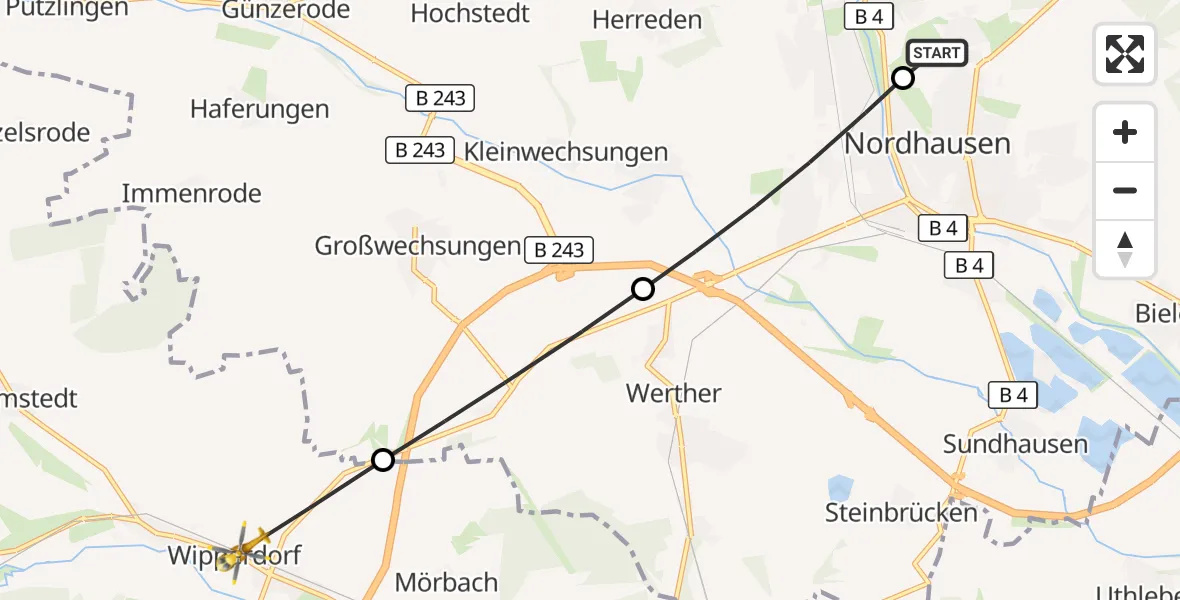 Flugroute Rettungshubschrauber Südharz Hospital Nordhausen - Bleicherode, 27 August 2026, 10:52