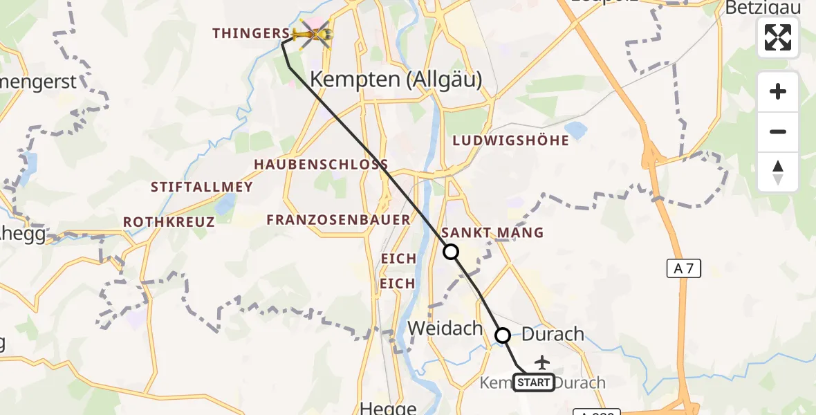 Flugroute Rettungshubschrauber Kempten-Durach Flugplatz - Kempten (Allgäu), 27 August 2026, 10:55