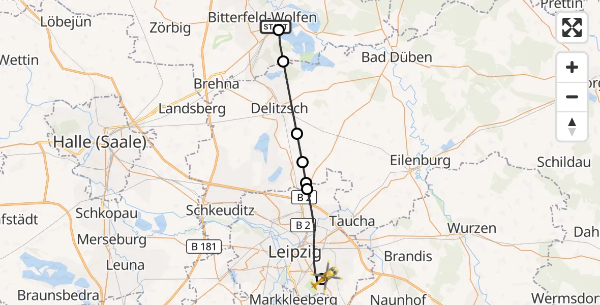 Flugroute Rettungshubschrauber Bitterfield-Wolfen Health Center Hubschrauberlandeplatz - Leipzig Heart Center Ground Hubschrauberlandeplatz, 27 August 2026, 10:54
