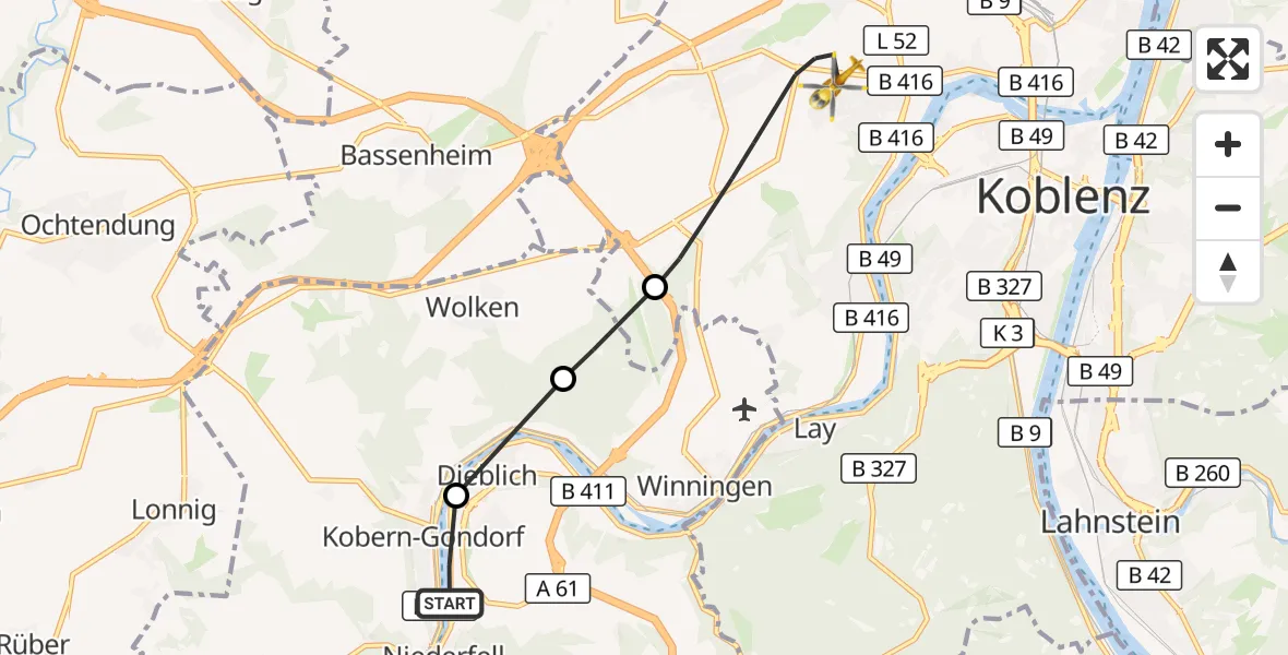 Flugroute Rettungshubschrauber Niederfell - Koblenz, 27 August 2026, 10:59
