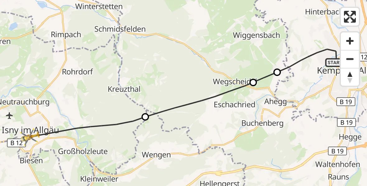 Flugroute Rettungshubschrauber Kempten (Allgäu) - Isny im Allgäu, 27 August 2026, 11:01