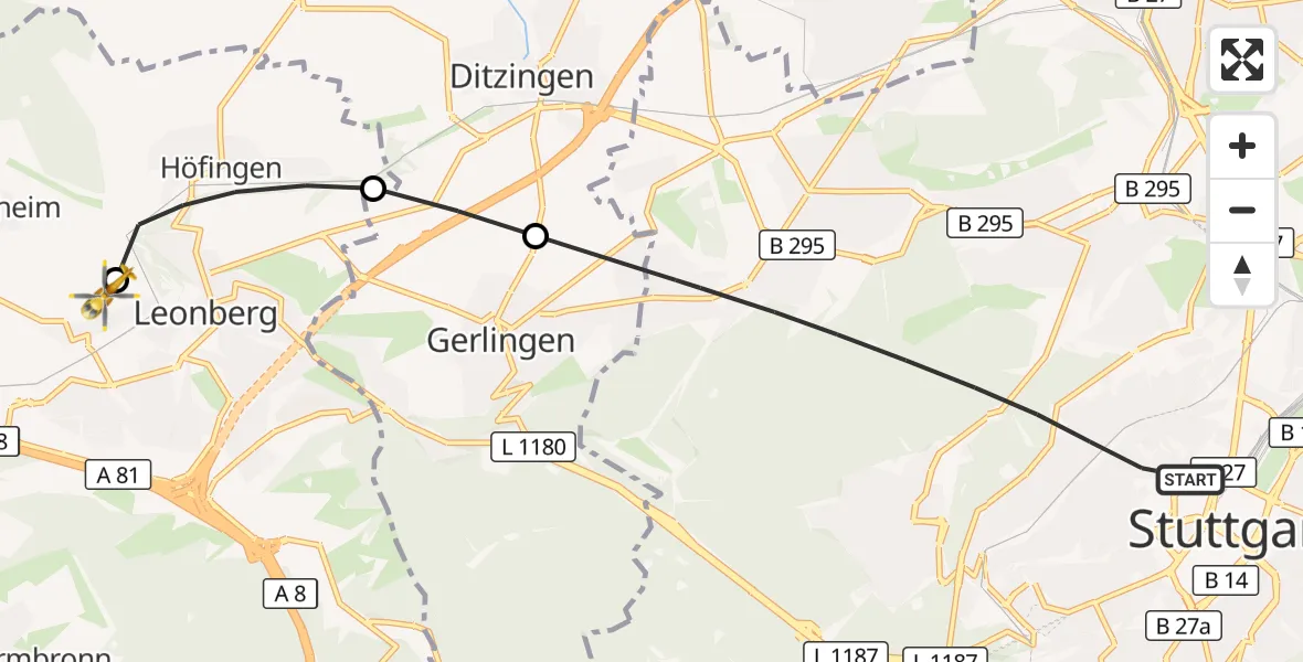 Flugroute Rettungshubschrauber Stuttgart - Leonberg Hospital, 27 August 2026, 11:11