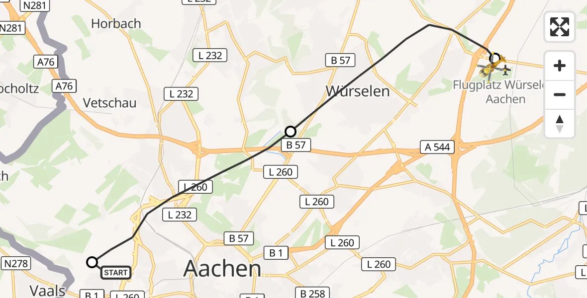 Flugroute Rettungshubschrauber Aachen Hospital - Aachen-Merzbrück Flughafen, 27 August 2026, 11:20