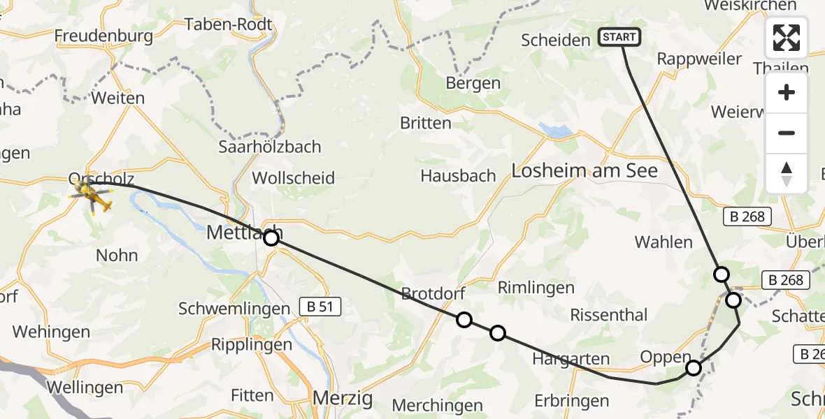 Flugroute Rettungshubschrauber Losheim am See - Mettlach, 27 August 2026, 11:20