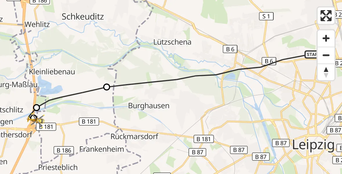 Flugroute Rettungshubschrauber Leipzig - ADAC Air Rescue Station Leipzig/Schkeuditz-Dölzig Hubschrauberlandeplatz (Christoph 61), 27 August 2026, 11:21