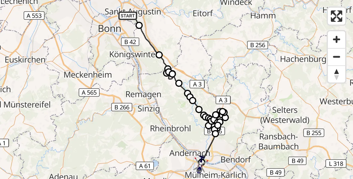 Flugroute Polizeihubschrauber Sankt Augustin - Andernach, 27 August 2026, 11:28