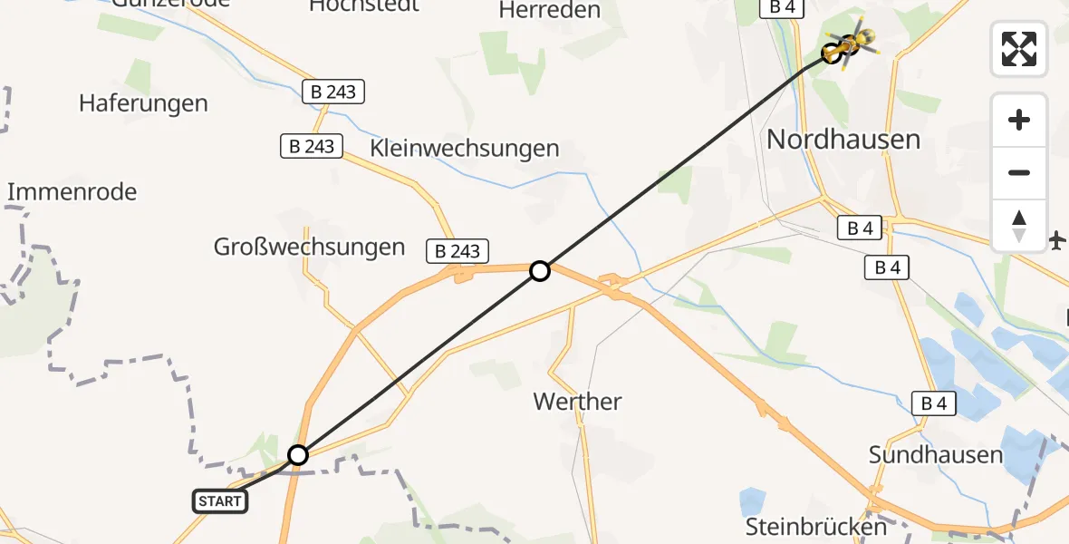 Flugroute Rettungshubschrauber Bleicherode - Südharz Hospital Nordhausen, 27 August 2026, 11:30