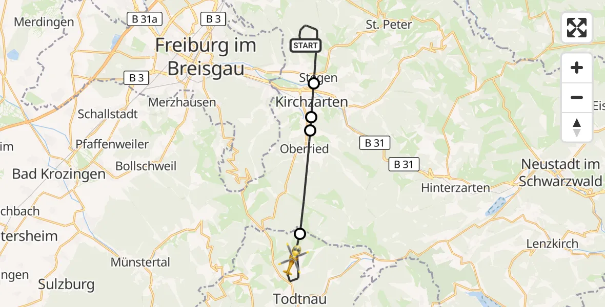 Flugroute Ambulanzhubschrauber Stegen - Todtnau, 27 August 2026, 11:32