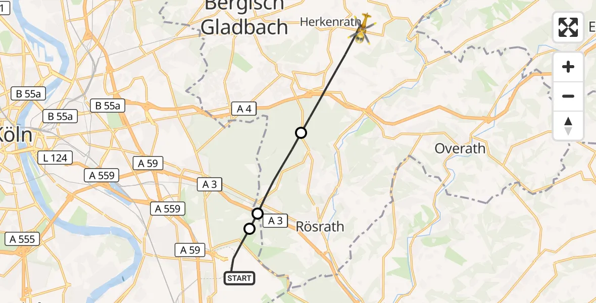 Flugroute Ambulanzhubschrauber Köln Bonn Flughafen - Bergisch Gladbach, 27 August 2026, 11:32