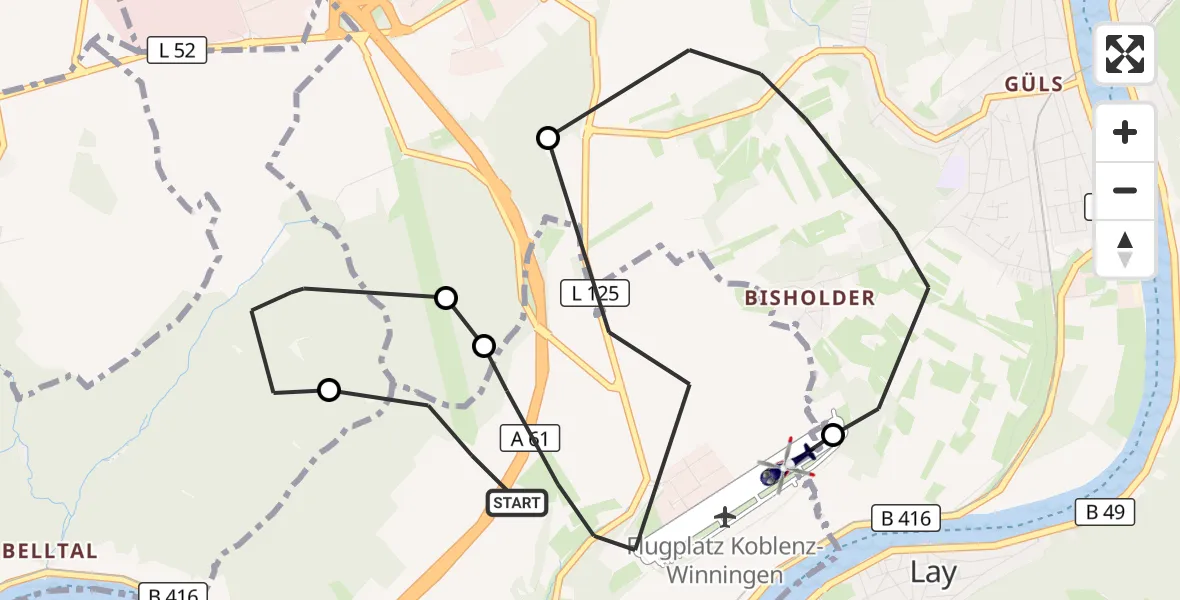 Flugroute Polizeihubschrauber Winningen - Koblenz-Winningen Flugplatz, 27 August 2026, 11:33