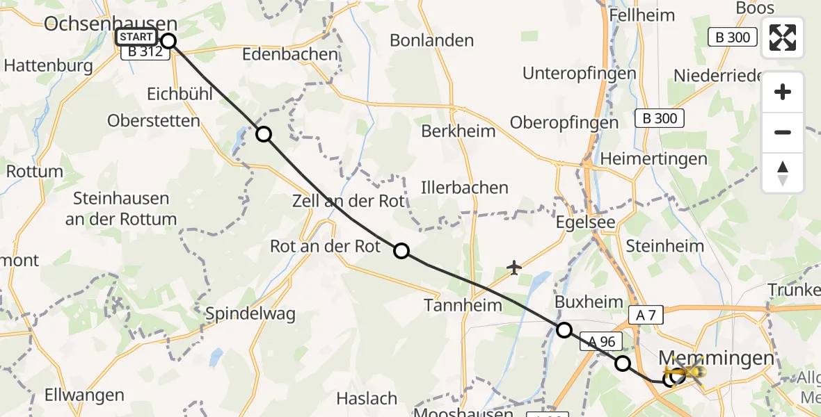 Flugroute Rettungshubschrauber Ochsenhausen - Memmingen Hospital, 27 August 2026, 11:38