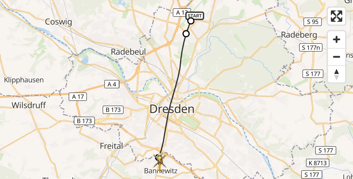 Flugroute Rettungshubschrauber Dresden Bundespolizei Hubschrauberlandeplatz - Bannewitz, 27 August 2026, 11:51