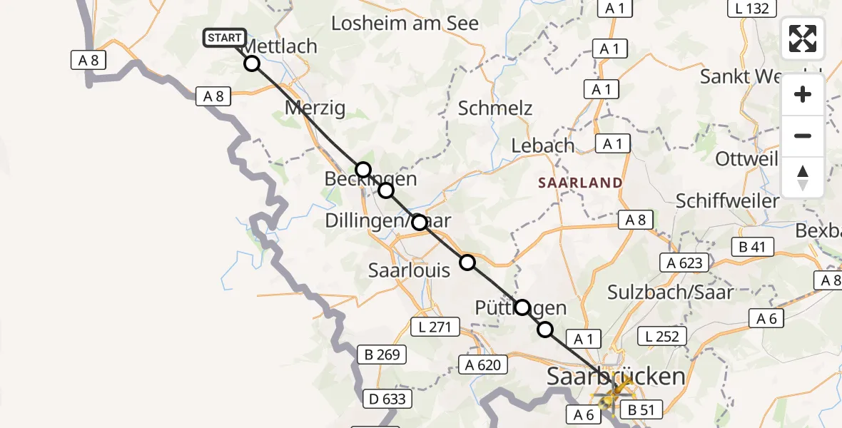 Flugroute Rettungshubschrauber Mettlach - Saarbrücken, 27 August 2026, 11:58