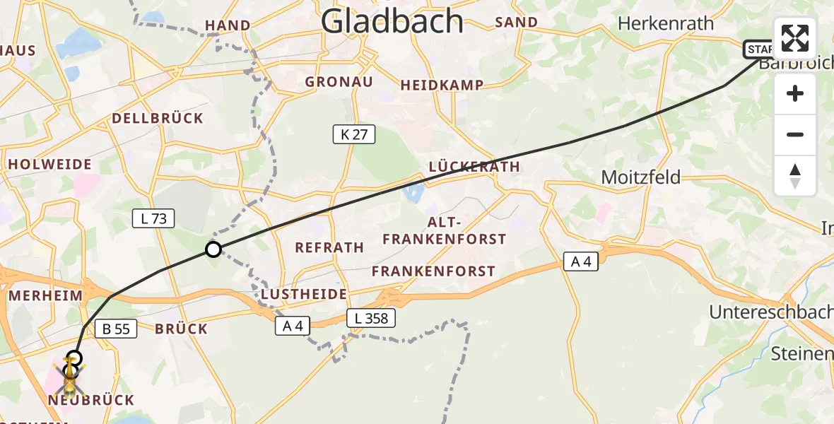 Flugroute Ambulanzhubschrauber Bergisch Gladbach - Merheim Hospital, 27 August 2026, 12:01