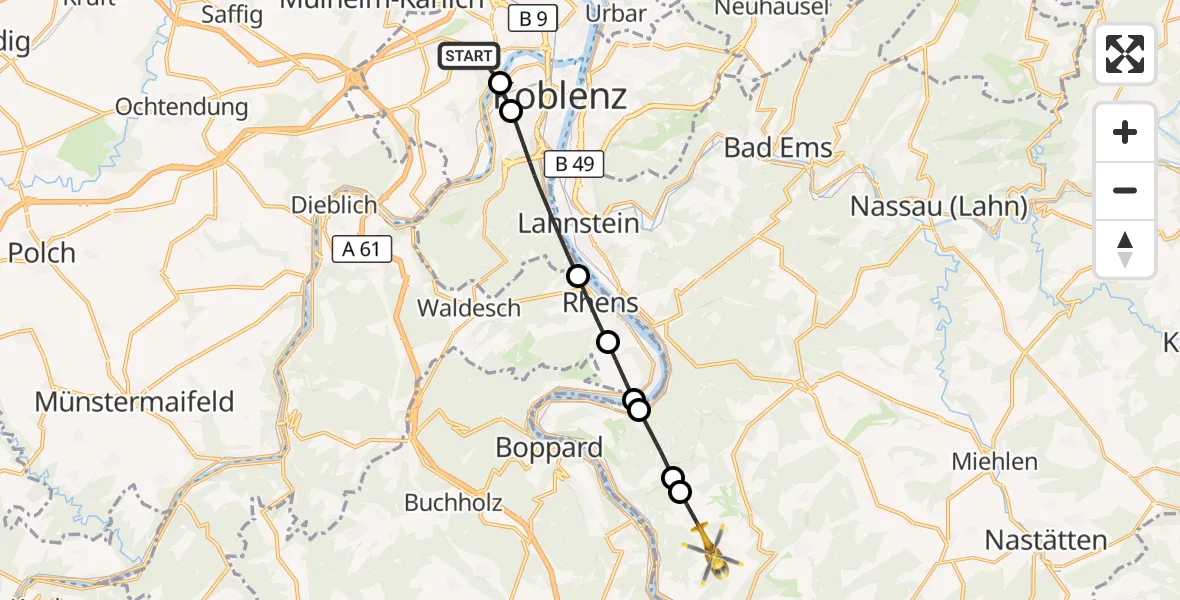 Flugroute Rettungshubschrauber Koblenz - Prath, 27 August 2026, 12:02
