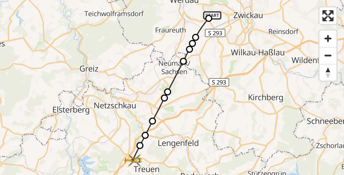 Flugroute Rettungshubschrauber ADAC Air Rescue Station Zwickau Hubschrauberlandeplatz - Treuen, 27 August 2026, 12:08