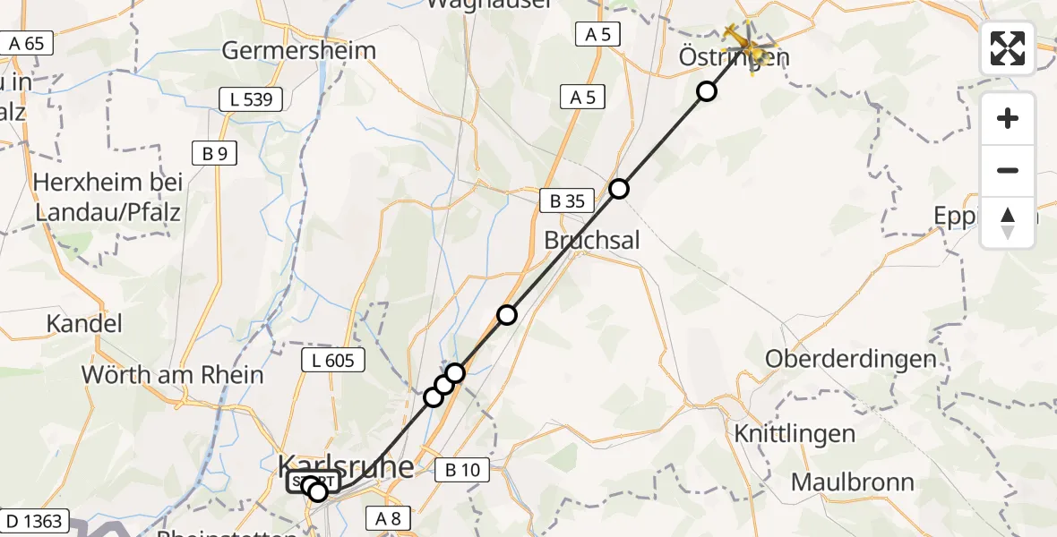Flugroute Ambulanzhubschrauber Sankt Vincentius Hospital - Östringen, 27 August 2026, 12:11