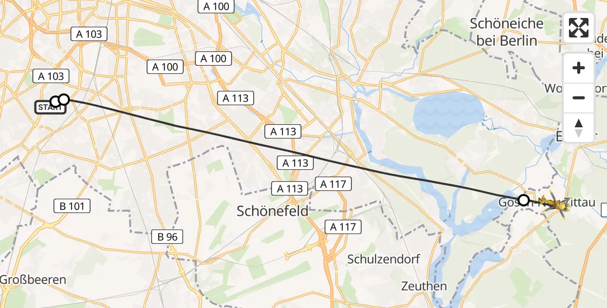 Flugroute Rettungshubschrauber Charité Clinic Benjamin Franklin Campus - Gosen-Neu Zittau, 27 August 2026, 12:13