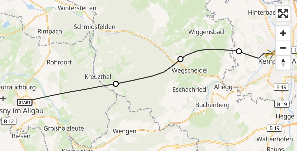 Flugroute Rettungshubschrauber Isny im Allgäu - Kempten (Allgäu), 27 August 2026, 12:14