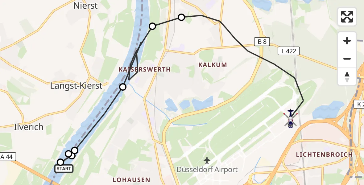 Flugroute Polizeihubschrauber Düsseldorf - Düsseldorf Flughafen, 27 August 2026, 12:15