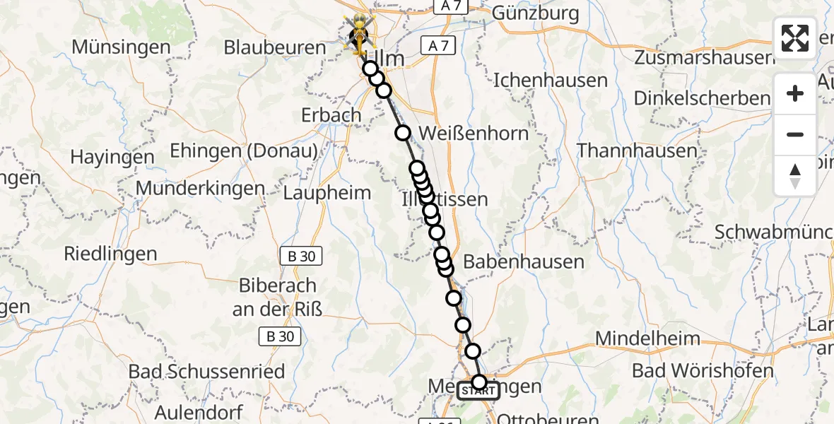 Flugroute Rettungshubschrauber Memmingen Hospital - ADAC Air Rescue Station Ulm (Christoph 22), 27 August 2026, 12:18
