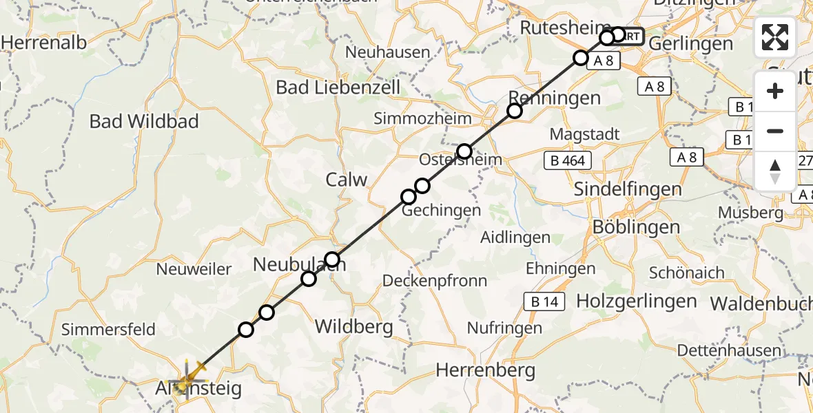 Flugroute Rettungshubschrauber Leonberg Hospital - Altensteig, 27 August 2026, 12:27