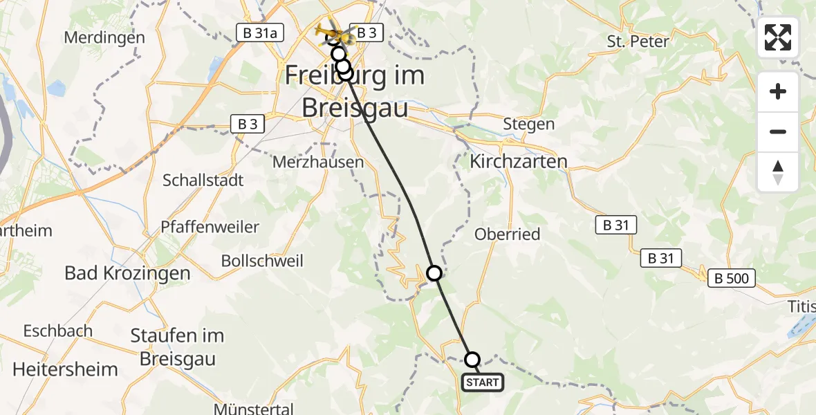 Flugroute Ambulanzhubschrauber Todtnau - Freiburg im Breisgau Flugplatz, 27 August 2026, 12:38