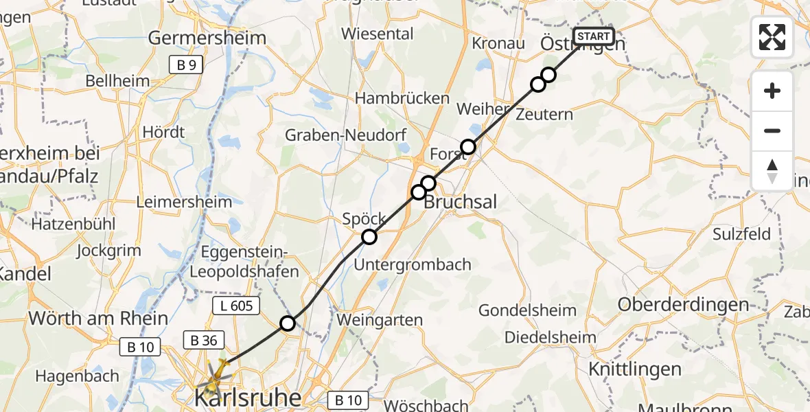 Flugroute Ambulanzhubschrauber Östringen - Karlsruhe, 27 August 2026, 12:40