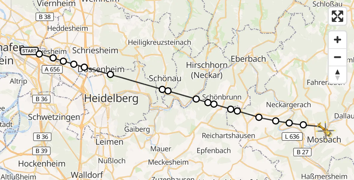Flugroute Rettungshubschrauber Mannheim-City Flughafen - Mosbach, 27 August 2026, 12:45