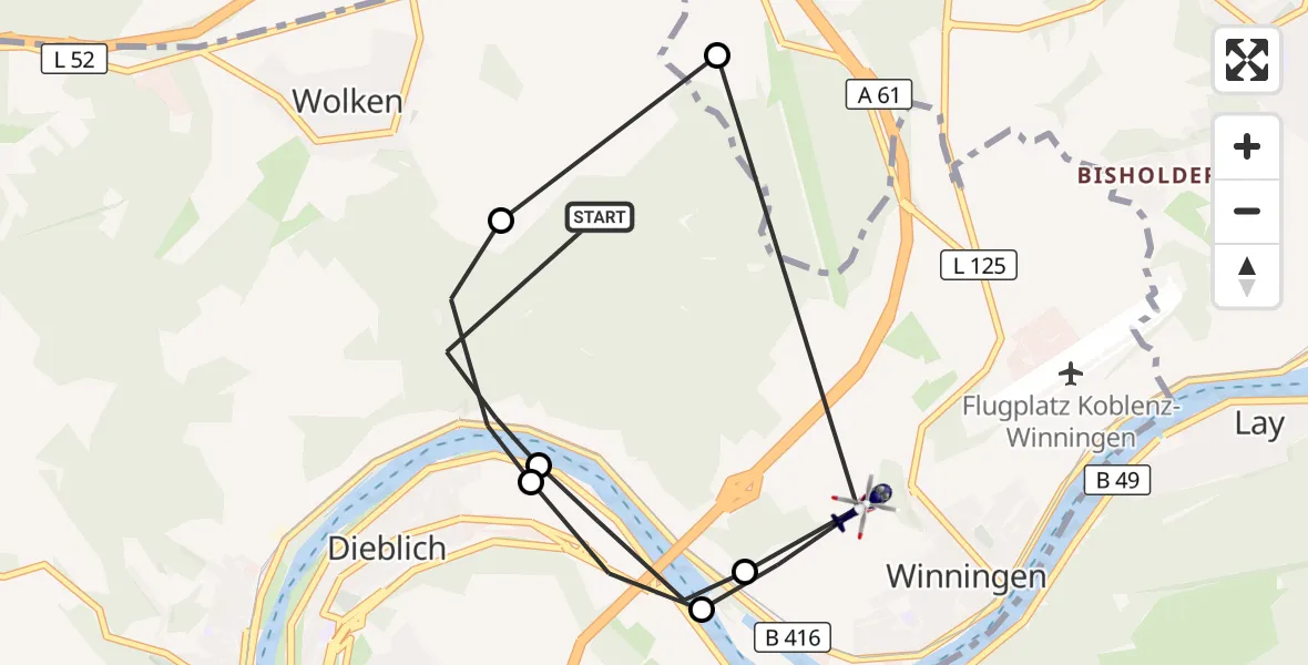 Flugroute Polizeihubschrauber Kobern-Gondorf - Winningen, 27 August 2026, 12:50