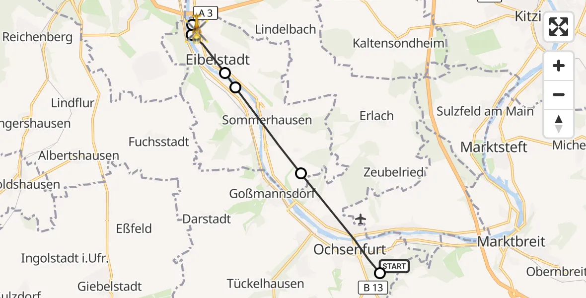 Flugroute Rettungshubschrauber Ochsenfurt Hospital - Eibelstadt, 27 August 2026, 12:50