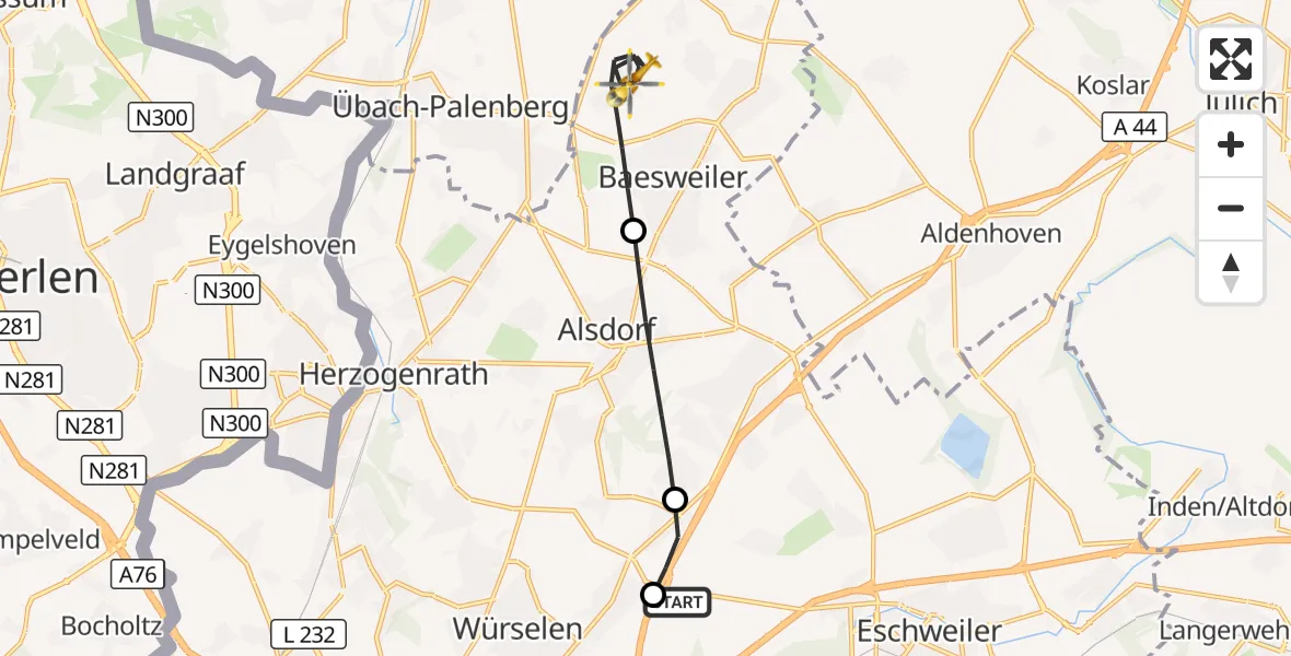Flugroute Rettungshubschrauber Aachen-Merzbrück Flughafen - Baesweiler, 27 August 2026, 12:54