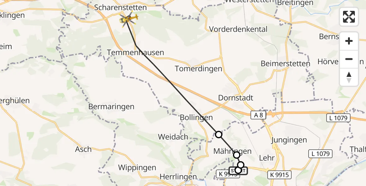 Flugroute Rettungshubschrauber Ulm Military Hospital Emergency - Dornstadt, 27 August 2026, 12:58