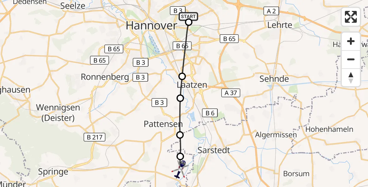 Flugroute Polizeihubschrauber Hannover Luftrettung Hubschrauberlandeplatz (Christoph 4) - Pattensen, 27 August 2026, 13:00
