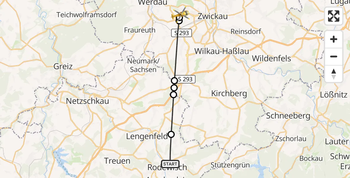 Flugroute Rettungshubschrauber Rodewisch - ADAC Air Rescue Station Zwickau Hubschrauberlandeplatz, 27 August 2026, 13:02