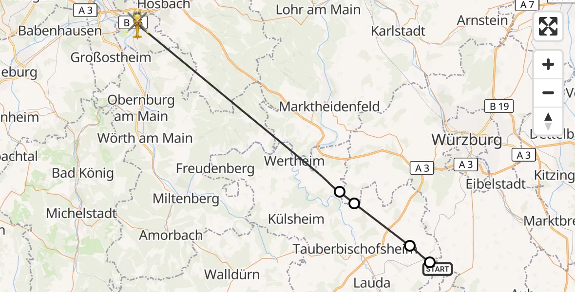 Flugroute Rettungshubschrauber Bütthard - Aschaffenburg, 27 August 2026, 13:04