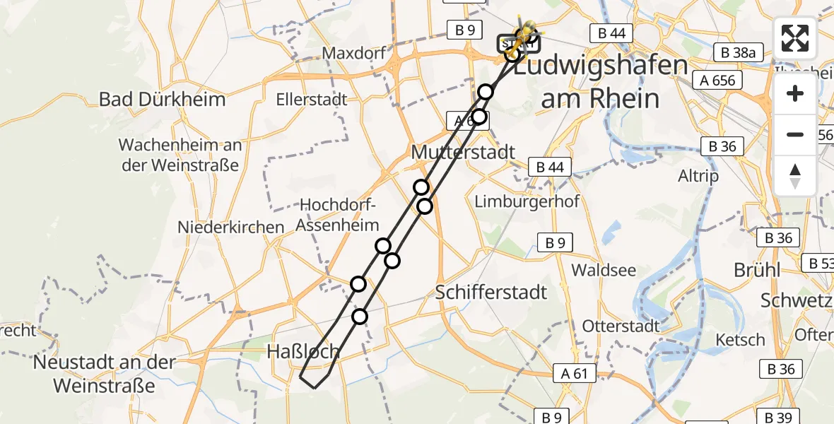 Flugroute Rettungshubschrauber Ludwigshafen Accident Hospital - Ludwigshafen Accident Hospital, 27 August 2026, 13:06