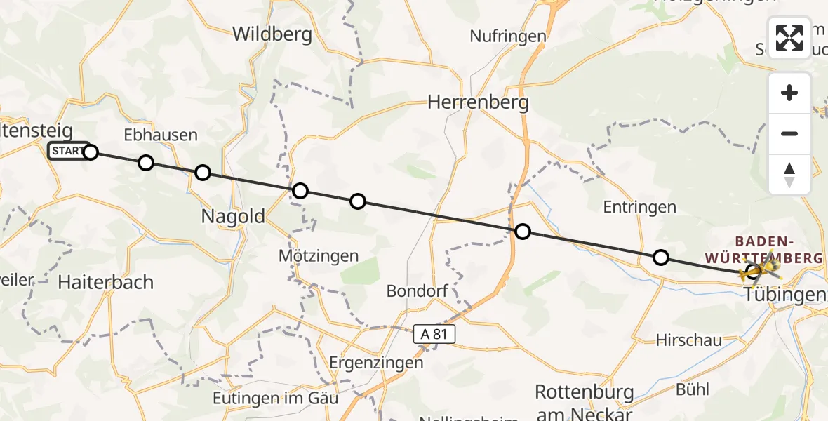 Flugroute Rettungshubschrauber Egenhausen - Tübingen University Hospital, 27 August 2026, 13:10