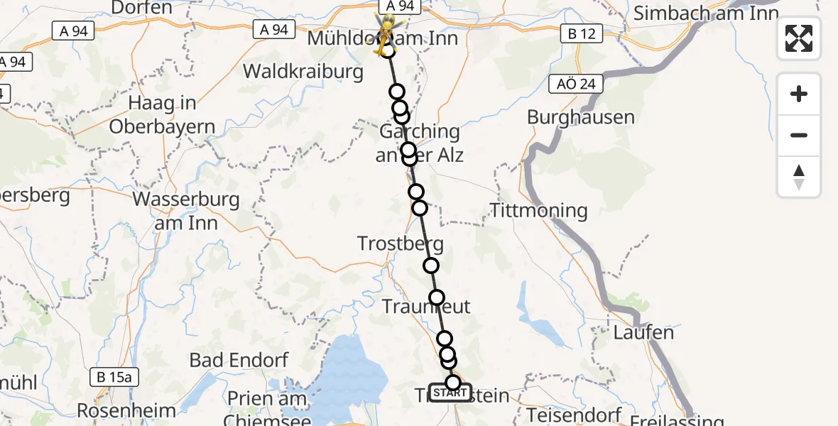 Flugroute Rettungshubschrauber Traunstein Hospital - Mühldorf am Inn Hospital Hubschrauberlandeplatz, 27 August 2026, 13:12