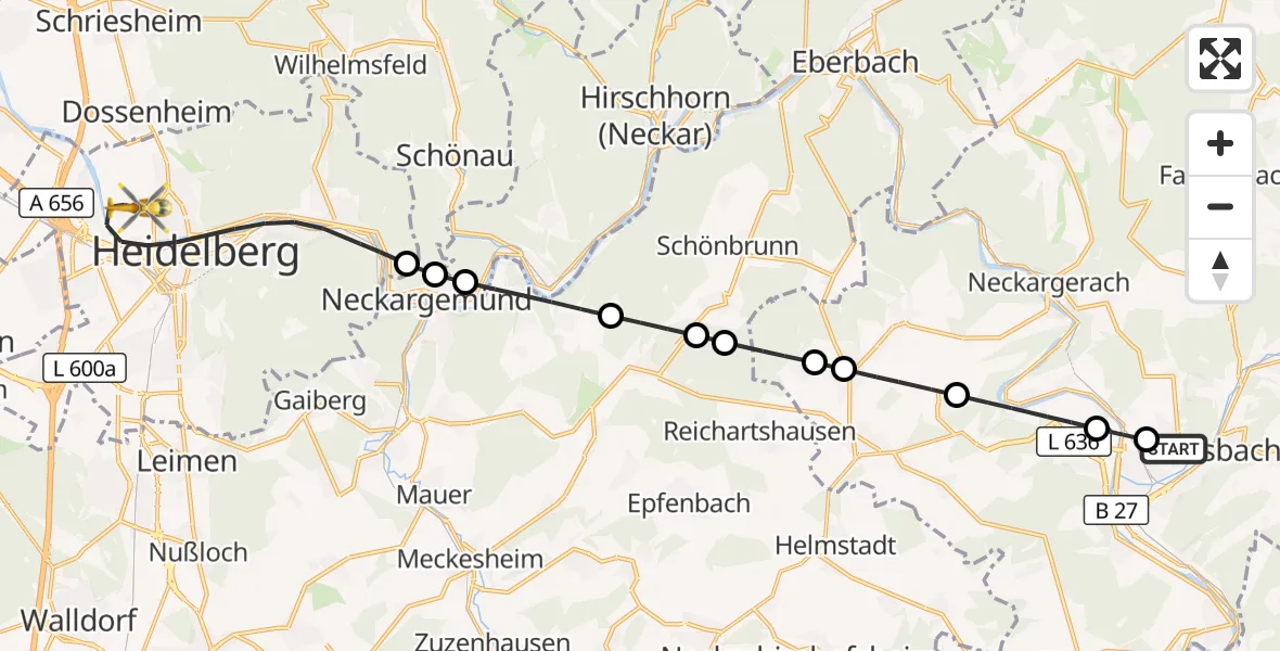Flugroute Rettungshubschrauber Schreckhof Flugplatz - Heidelberg, 27 August 2026, 13:17