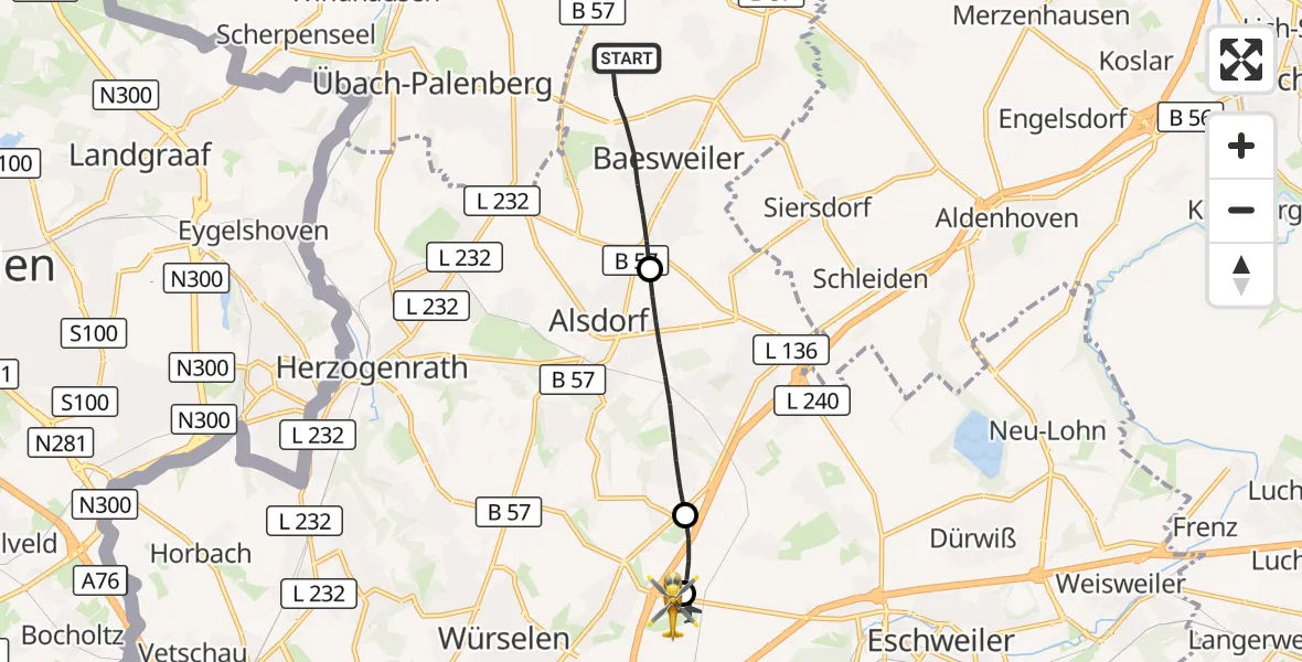 Flugroute Rettungshubschrauber Baesweiler - Aachen-Merzbrück Flughafen, 27 August 2026, 13:22