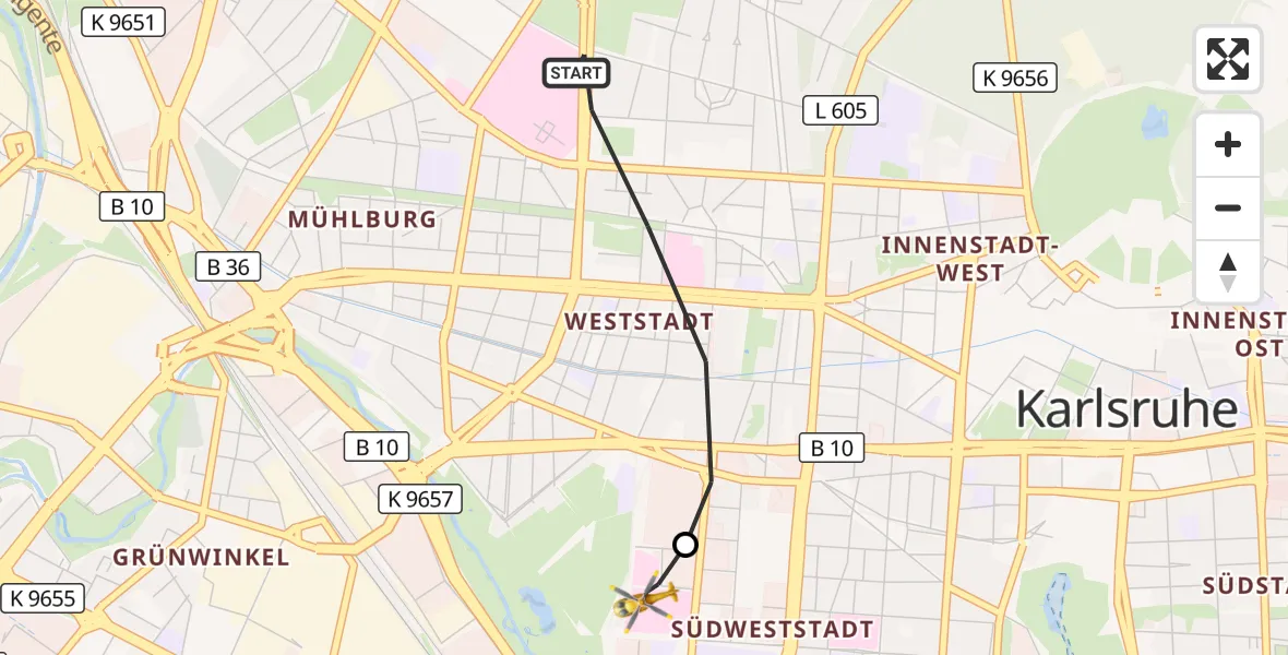Flugroute Ambulanzhubschrauber Karlsruhe - Sankt Vincentius Hospital, 27 August 2026, 13:28