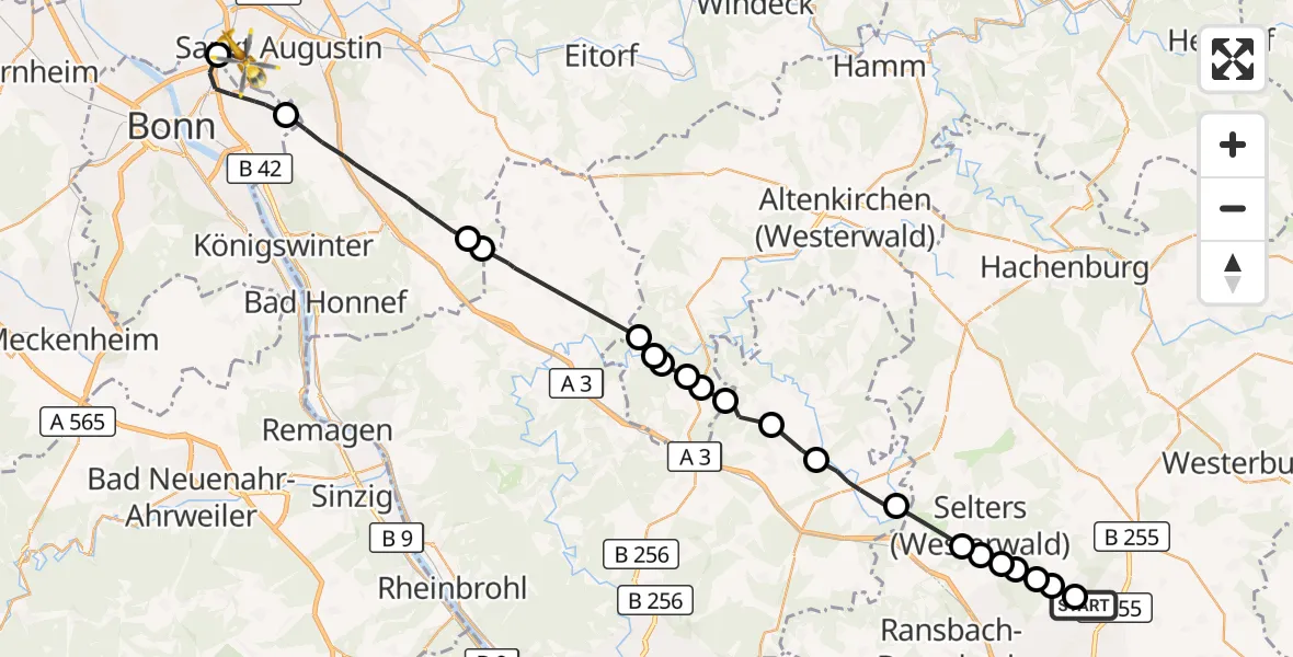 Flugroute Rettungshubschrauber Moschheim - Bonn-Hangelar Flugplatz, 27 August 2026, 13:45