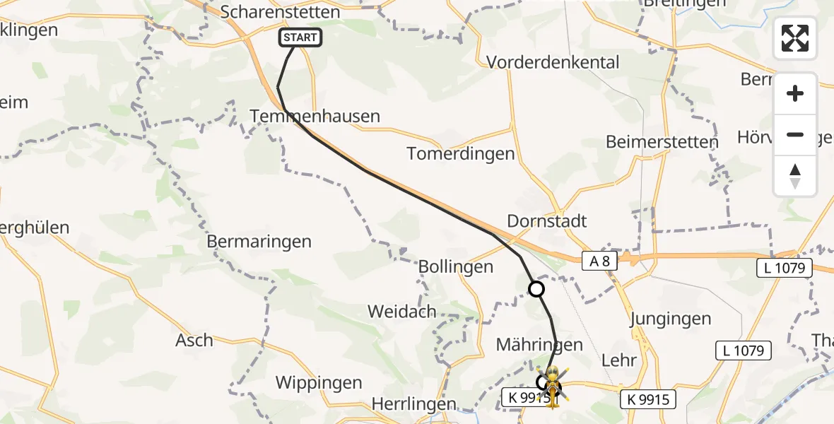 Flugroute Rettungshubschrauber Dornstadt - ADAC Air Rescue Station Ulm (Christoph 22), 27 August 2026, 13:49