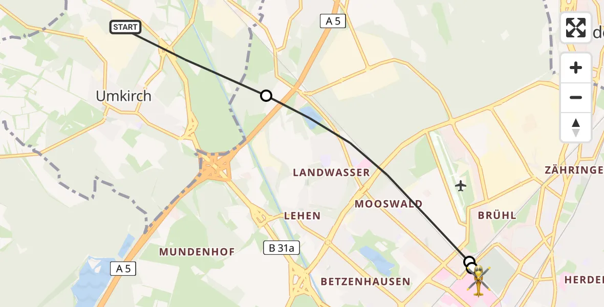Flugroute Ambulanzhubschrauber Umkirch - Freiburg University Hospital Heliport 1, 27 August 2026, 13:57